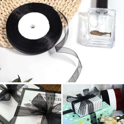 Rmeet Schwarzes Organzaband,2 pcs 45M Hochzeit Geschenkband,20 mm Breit Dekoband Transparent Schleifenband als Dekoration Tüllband für Geschenk Bänder DIY zum Basteln