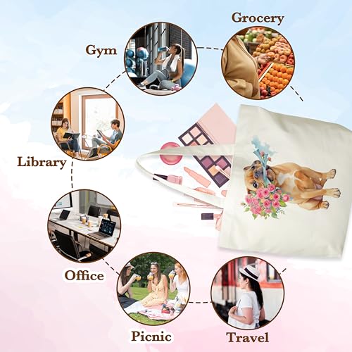 Dog Flowers Canvas Tote Bag, French Bulldog Aesthetic Grocery Bag, Floral Puppy Beach Bag Gifts For Women Dog Mom Dog Owner Dog Lovers Friends Family, Funny Doggie Reusable Shopping Bag, 043