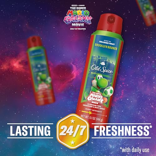 Image of Old Spice Aluminum Free Body Spray for Men, Old Spice x The Super Mario Galaxy Movie, 24 /7 Lasting Freshness, Lasting Odor Protection, Smell Super with Brooklyn Bounce, Smashed Fruit Scent, 5.1 oz