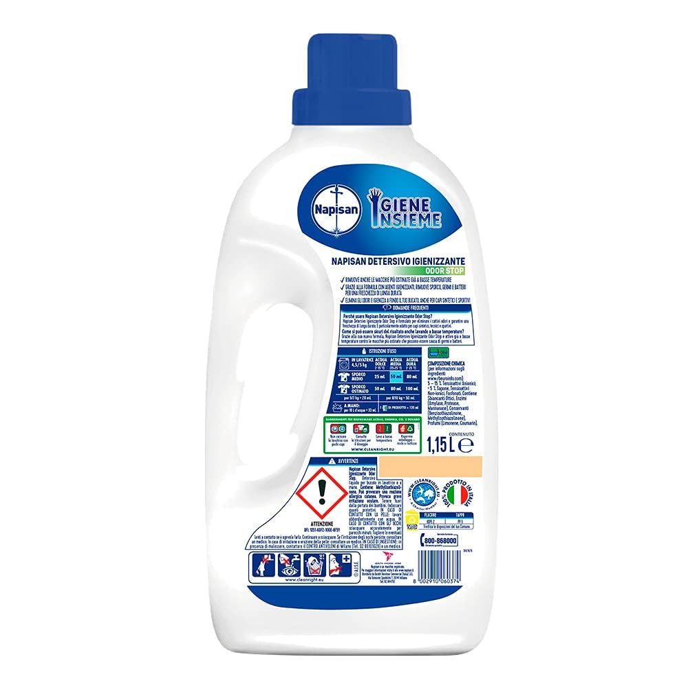 Napisan Detersivo Lavatrice Liquido Igienizzante Odorstop, 6 Confezioni da 1.15 l da 23 Lavaggi di Detersivo Lavatrice Liquido