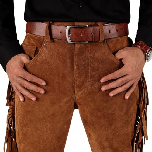 Men’s Cowboy Fringe Leather Pants (Black, Leather Jeans) - 25040054
