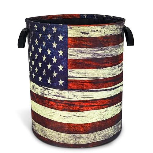 Image of Retro American Flag Laundry Basket Foldable Waterproof Hamper 18.9x16.5 In | Oxford Cloth With Reinforced Handles Lining Design Large-Capacity Storage For Bathrooms /Laundry Rooms / Living Rooms /Bedrooms