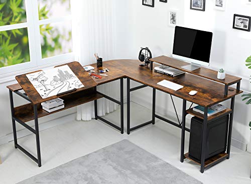 Sedeta L Shaped Desk, 70.9 inches Corner Computer Desk with Monitor Stand Riser, Drafting Drawing Table with Tiltable Desktop, Workstation Study Writing Table Art Desk for Home Office, Rustic Brown