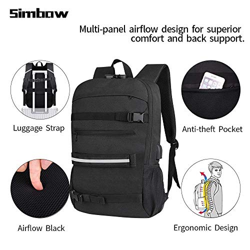Skateboard-Backpack-Simbow-Laptop-Backpack-Rucksack-with-USB-Charging-Port-Anti-Theft-Lock-Water-Resistant-Fits-up-to-156-17-Inch-Laptop-for-College-School-Business-Travel-Men-Boy-2020-New-Black