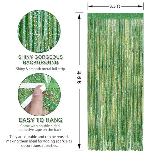 Image of Crosize 2 Pack 3.3 x 9.9 ft Laser Green Foil Fringe Curtains Party Decorations, Laser Green Tinsel Curtain Backdrop for Parties, Door Streamers, Glitter Streamer Backdrop for Birthday Decoration