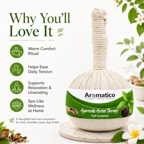 Image of AROMATICO Ayurvedic Herbal Potli with 17 ancient herbs. Helps with Pain Relief, Post-Workout Recovery & Muscle Relaxation. For Men & Women. 200gm Pack of 2