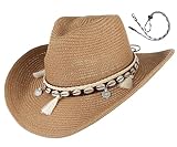 GEMVIE Women's Summer Straw Cowboy Cowgirl Hat Sun Hats Wide Brim Beach Holiday Straw Hat with Shell Band-Khaki