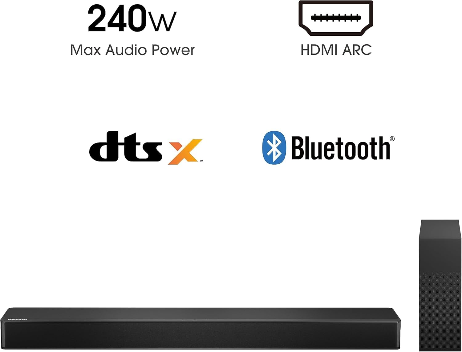 Hisense Barre de Son 2.1 CH 240W H210 DTS Virtual X Caisson de Basse sans Fil HDMI Arc Bluetooth Noir