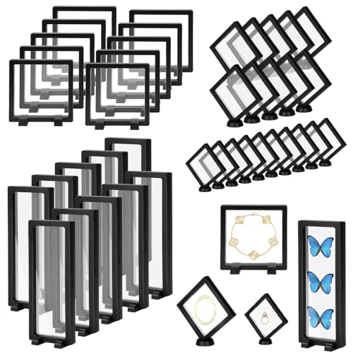 RETON 40 Pack 3D Floating Frame Display Case with Bases, Challenge Coin Display Holder Stands, Large Suspension PE Transparent Jewelry Storage Boxes for Medallions Specimen Stamps