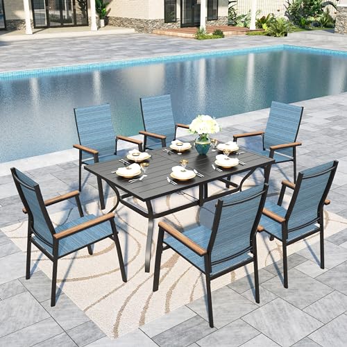 Image of Sophia & William Patio Table and Chairs Set 7 Pieces, 6 Aluminium Patio Dining Chairs with 60 inch x 38 inch Metal Dining Table, Stackable and Easy to Move for Outdoor Garden Lawn (Blue)