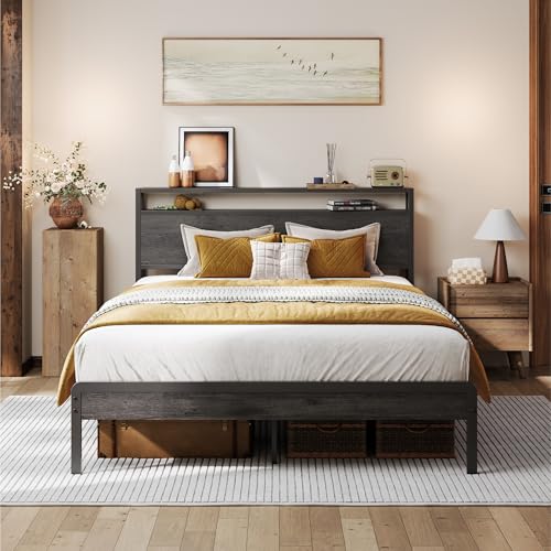 Image of LIKIMIO Full Bed Frame with Headboard, Dark Wood Camas Full with Strong Supports, Sturdy, Noise-Free, No Box Spring Needed, Charcoal Grey