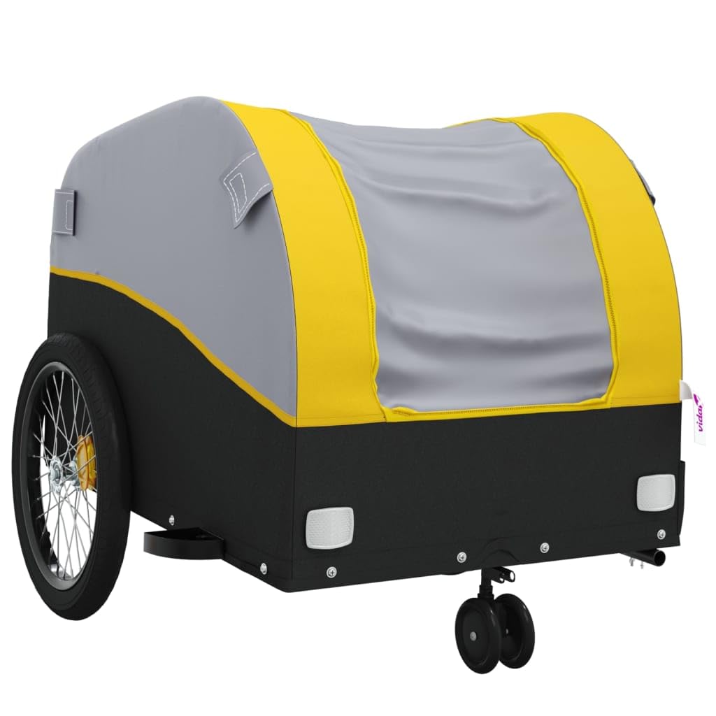 Remolque de bicicleta plegable de hierro negro y amarillo con capacidad de carga de 30 kg, con enganche y bandera de seguridad para transportar equipaje, perro, niño, camping, ciudad y al aire libre
