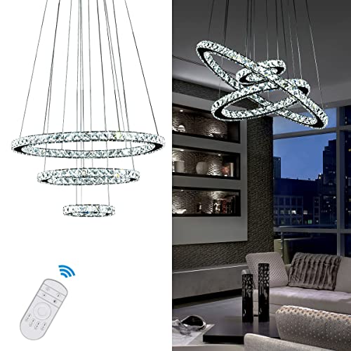 Kkmywan Modern Crystal Chandelier Dimmable 3 Ring Led Chandelier Round Pendant Light Fixture With Remote Ceiling Hanging Light For Dining Room Living Room,Color Changeable 23.62”+15.75”+7.87” #TOP20