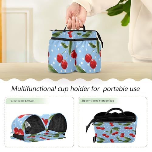Image of Luggage Cup Holder for Suitcases Free Hands Suitcase Cup Holder Travel Luggage Drink Holder Portable Luggage Cup Caddy Bag Carrier with Handle Light Blue Dots Red Cherry