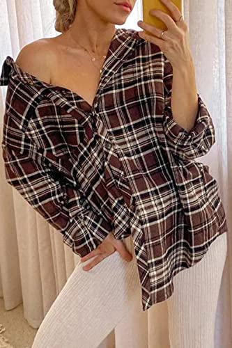 Image of CHYRII Womens Button Down Flannel Shirts Long Sleeve Plaid Shackets Business Casual Blouse Top