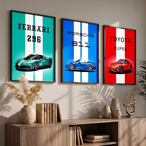Image of HOTHOUSE Big Ferrari 296, Porsche 911, Toyota Cars Framed Posters Gift Items for Boys Room Wall Decoration Bedroom Living Room Office Studio Decor | Set Of 3 Size (10 X 13 inch)
