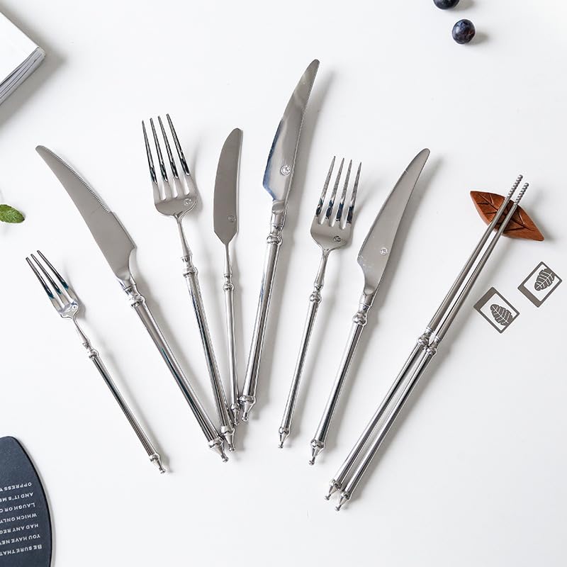 Silberbesteck-Set, 4/16/24/32/40/48-teilig, Edelstahl 304, bestehend aus Tafelmessern, Gabeln, Löffeln und Dessertlöffeln, Hotelbesteck. Silber – 32-teilig für 8 Personen
