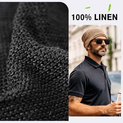 Image of TOP-EX 100% Linen Lightweight Summer Beanie for Men - Cool & Breathable Slouchy Beanies Hat Knit Cap for Women, Black Medium Large