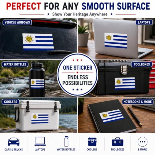Image of Uruguay Vinyl Flag Stickers, Car Decals, Waterproof Indoor Outdoor, Laptop Stickers, Car Bumper, Uruguayan Flag, 5 x 3 Inches, Set of 3