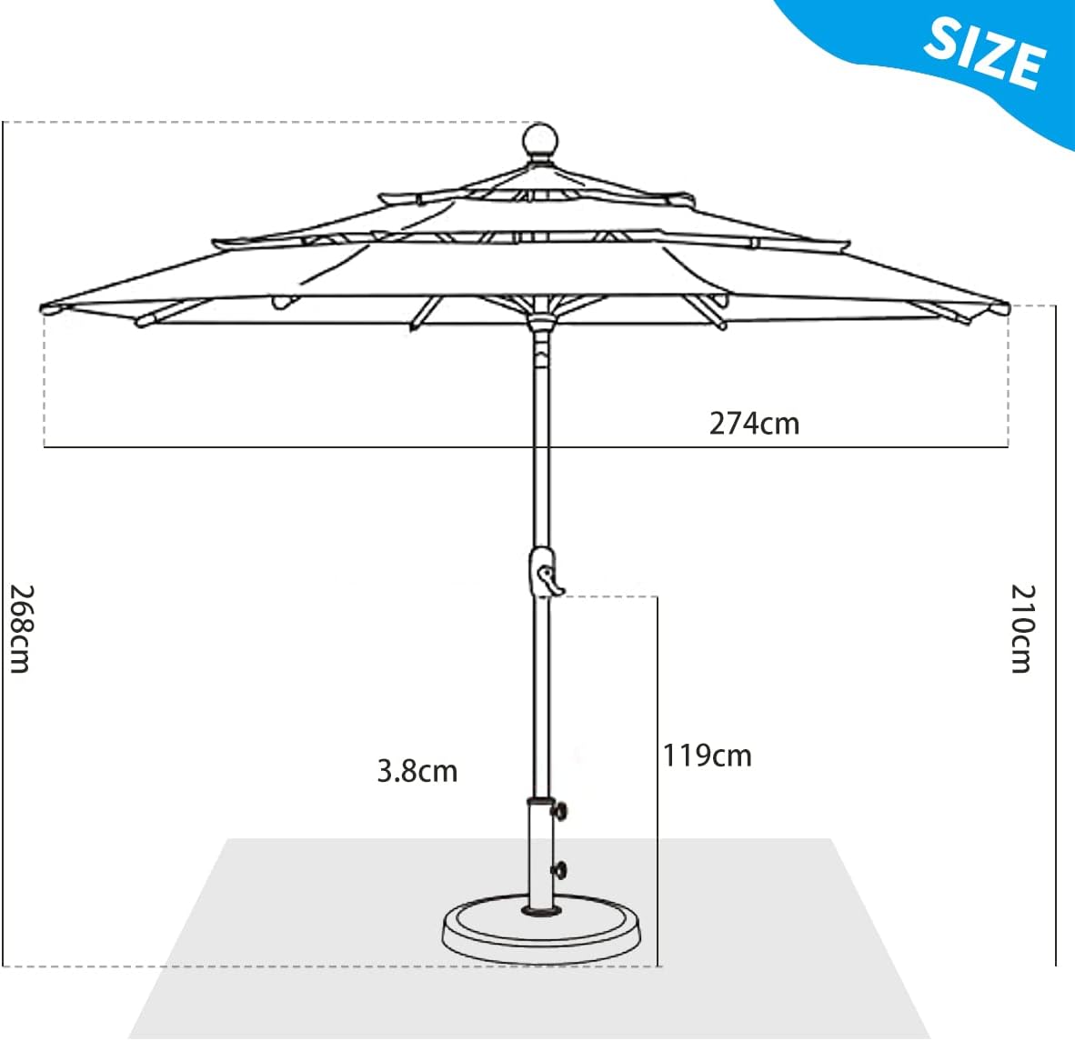 ViCoopZim パラソル 三層式 ガーデンパラソル 大型 風に強い 270/300cm 遮光 紫外線 UVカット 角度調整ト 日除け 庭・屋外・ウッドデッキ・公園・カフェ・テラス・四角などに適しています モダン おしゃれ 3層パラソル