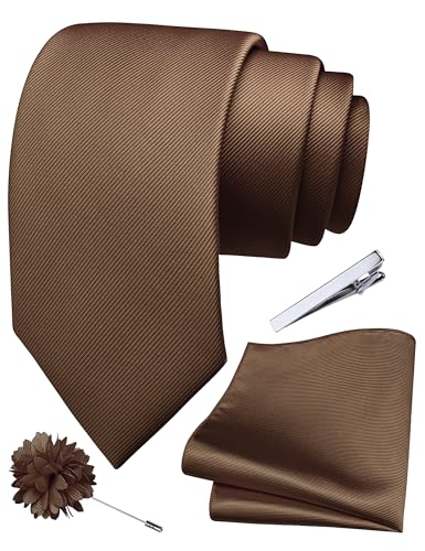 Image of Branduce 3.15 inch（8cm） Solid Formal Tie and Pocket Square Plain Necktie Lapel Pin and Tie Clip Set for Men