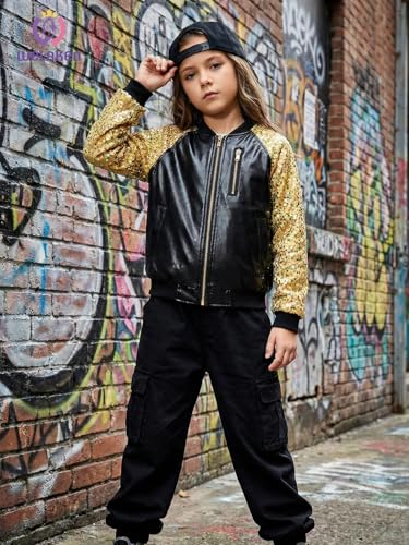 Image of WELAKEN Girls Sequin Sparkle Zip Bomber Jacket | Sequin sleeves, shiny bomber style, ribbed trim, smooth zipper and side pockets for party, dance, school and photos