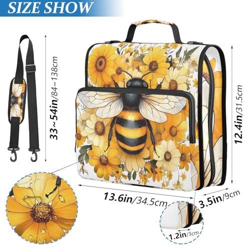 Image of 3 Ring Zipper Binder with Shoulder Strap Yellow Daisy Bee Bumblebees 1.5 inch Binders Keeper Large Capacity Multi Pockets for School Office Supplies