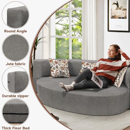 Image of DIVISHA HOMES Round Three Seater C-Type Sofa Cum Bed Stylish Jute Fabric Convertible Sofa for Living Room | Space-Saving & Comfortable for Living Room & Office - Grey