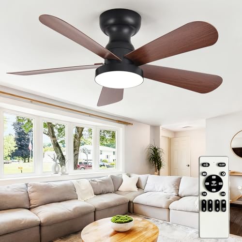 Image of Depuley Small Ceiling Fan with Lights: 35-Inch Flush Mount Fan with Light and Remote - Low Profile Ceiling Fans Reversible Quiet DC Motor for Bedroom Living Room Indoor Outdoor, Walnut