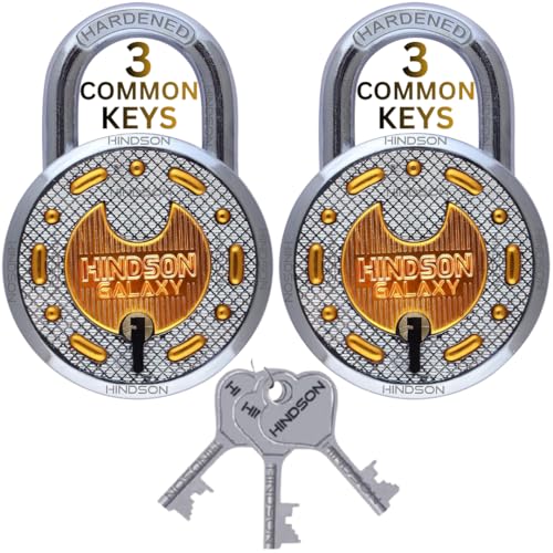 Image of HINDSON 3 Common Keys Galaxy Brass 65mm Round Padlock Pack of 2 with 3 Common Keys, Double Locking 8-Lever Security Lock, Heavy Metal Body for Gate, Door, Shutter, Home & Shop Use