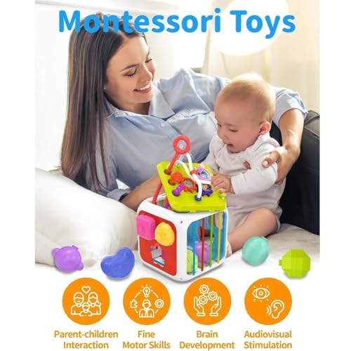 Image of Montessori 7-in-1 Baby Sensory Activity Cube Toy with Shape Sorter, Bead Maze, Stacking Blocks, Pull String Board & Xylophone | Educational Learning Toy for Fine Motor Skills, Toddlers & Kids