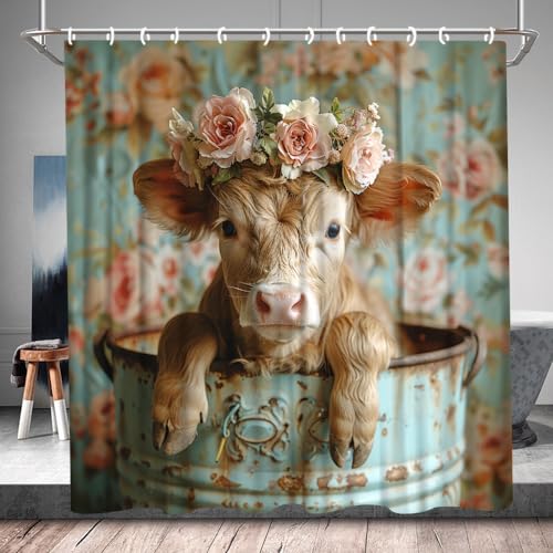 Funny Cute Calf Shower Curtain Farmhouse Cattle Highland Cow Farm Animal Western Spring Floral Country Rustic Bull Wood Flower Plant Botanical Bathroom Accessories Decor Set with Hooks 70Wx70H Inch -  WIN4LIFE