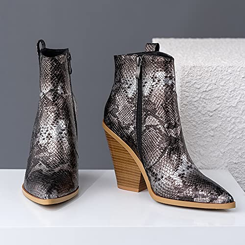 LEHOOR Women Chunky Heel Western Booties Animal Print Women Side Zipper Cowboy Ankle Boots Stacked Heel Pointed Toe Short Boots Mid Calf Cowgirl Classic Sexy Vintage Party Casual 5-11 M US3