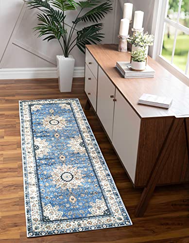 Lahome Oriental Floral Medallion Area Rug - 2X6 Persian Hallway Runner Rug Blue Turkish Bedroom Throw Rug Faux Wool Non-Slip Machine Washable Low-Pile Carpet For Kitchen Laundry Living Bathroom #TOP3
