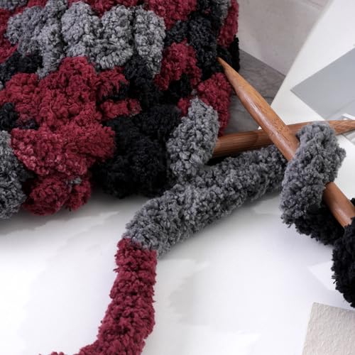 Image of Maboozoo Tie Dye Chunky Yarn for Crocheting & Knitting - 8 Pack, Wine Red & Grey Fluffy Jumbo Chenille Yarn (26 yds, 7.5 oz Each Skein)