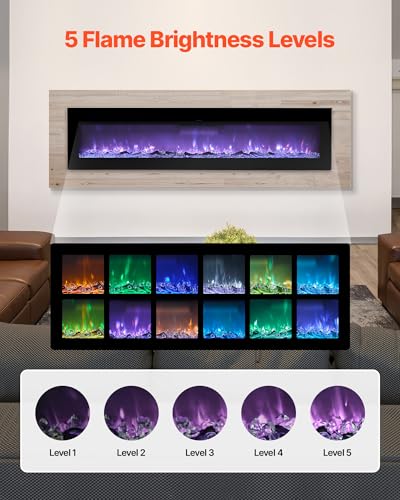 Image of VEVOR 60 inch Electric Fireplace, Wall Mounted Recessed Fire Place with Remote Control, Timer, 1500W, Adjustable Flame Color Brightness, Touch Screen, Overheat Protection, for Living Room,Bedroom