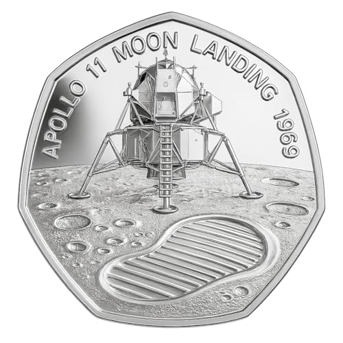 Dragonfire Dice Apollo 11 Moon Landing 1969 Commemorative 50p Coin Astronaut & Lunar Module Design Proof Finish Collectors Edition in Capsule