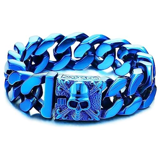COOLSTEELANDBEYOND Hombre Grande Azul Acero Cadena Barbada Pulsera Brazalete con Fleur de lis y Cráneo, Biker Gótico, Espejo Pulido | Ya disponible en tu tienda friki favorita! En mundofriki.es!