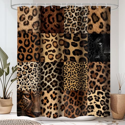 LIGHTINHOME Leopard Print Plaid Shower Curtain 60Wx72H Inches Wild Safari Cheetah Skin Powerful Panthera Eye Cat Black Brown Fabric Waterproof Polyester Bathroom Home Decor Set with Hooks