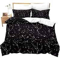 Loussiesd Galaxy Constellation Printed Bedding Set Junior/Cot Bed Universe Planets Decor Duvet Cover Outer Space Theme Comforter Cover Teens Kids Starry Sky Series Quilt Cover Soft Black White