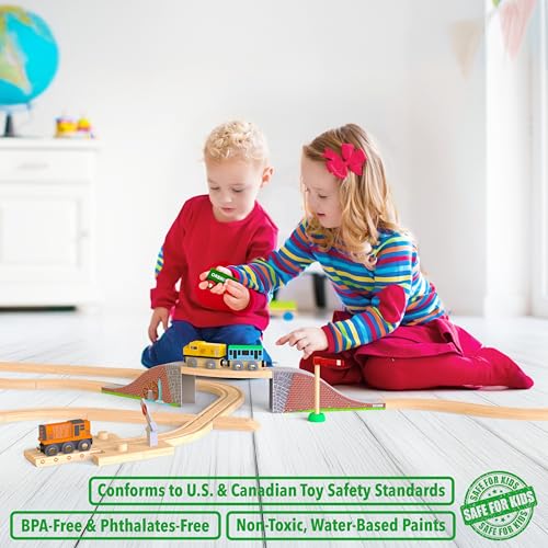 wooden train tracks 68 pcs expansion pack with arched bridge engine barge dock stop amp go checkpoint signal pole cross track  compatible with thomas brio wooden railways by orbrium