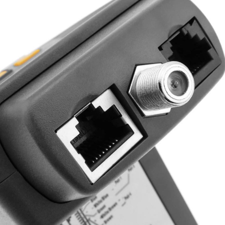 Primer pla view of the RJ-45 and F-type coaxial ports on the Tenmars TM-902 LAN Cable Tester.