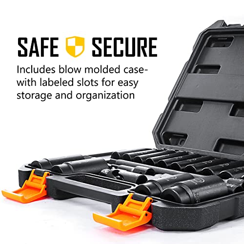 Boen 1/2" Drive Sae Deep Impact Socket Set, 19 Piece Cr-V Steel Socket Set Sae Size 3/8" To 1-1/4", Includes Extension Bars, Universal Joint And Adapter, 6 Point Design, Meets Ansi Standards #TOP5