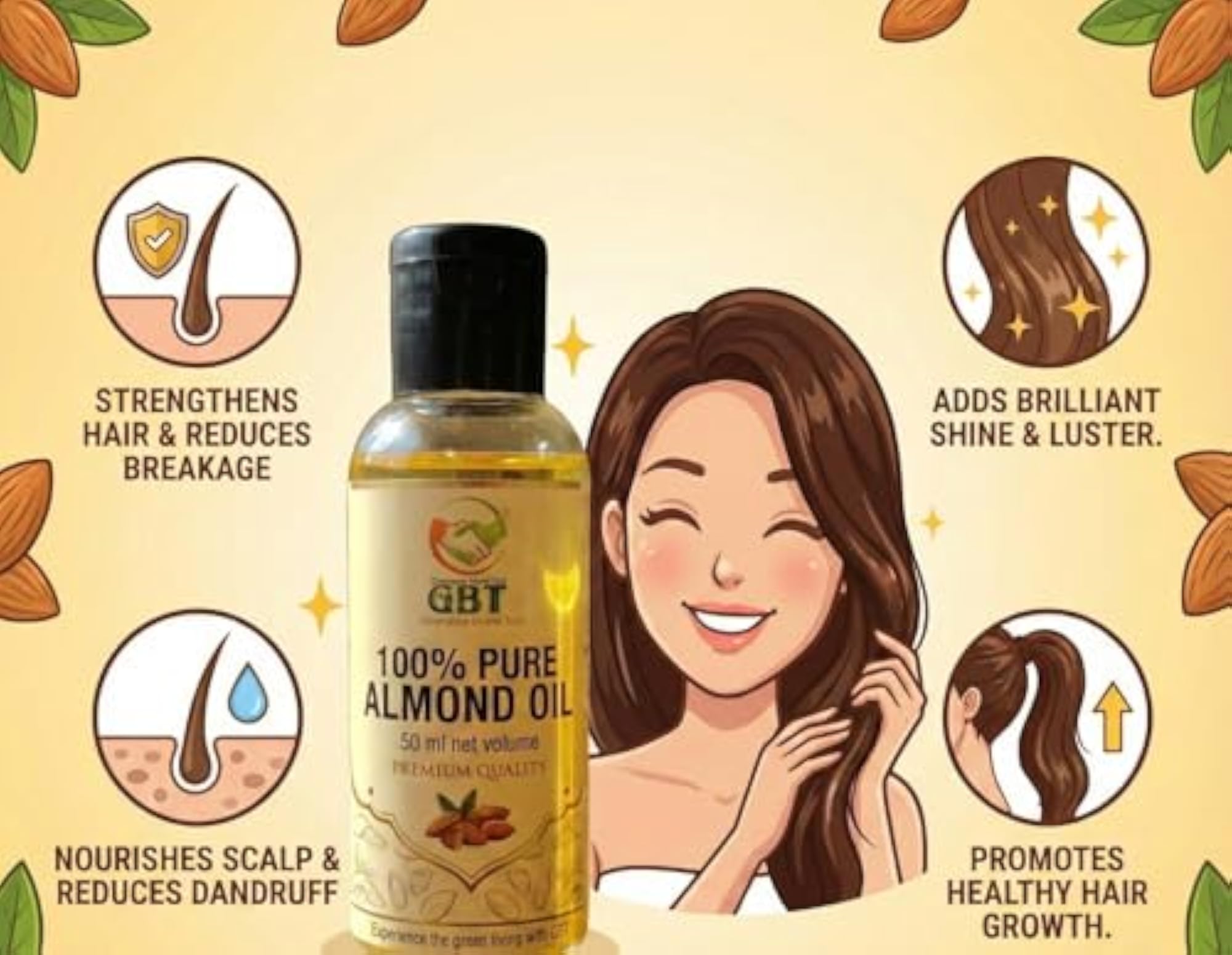 100% Pure Almond Oil for Hair & Skin Care, 200ml