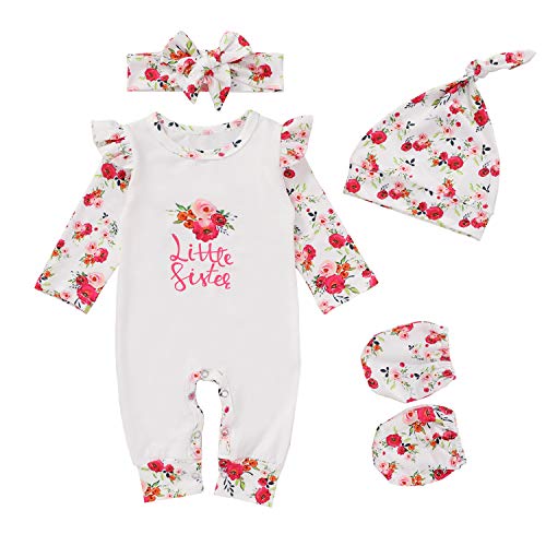 Baby Girl Little Sister Clothes Long Sleeve Romper Newborn Floral Print Overall Jumpsuit 5 Pieces Coming Home Outfit (Red, 1-3 Months)
