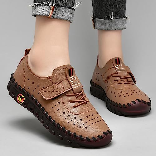 Image of Women's Hollow Beef Tendon Soft Bottom Slip-on Flat Loafers,Fashion Hand Sewing Non-Slip Oxford Breathable Orthotic 4D Pain Relief Comfy Walk Casual Shoes