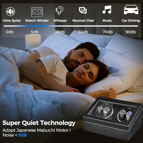 ANWBROAD Watch Winders for Automatic Watches, Automatic Watch Winder with 4 Watch Rotator and 6 Extra Storages, 4 Watch Winder with Japanese Quiet Motor, Luxury Carbon Fiber Watch Winder,UJWW012C3