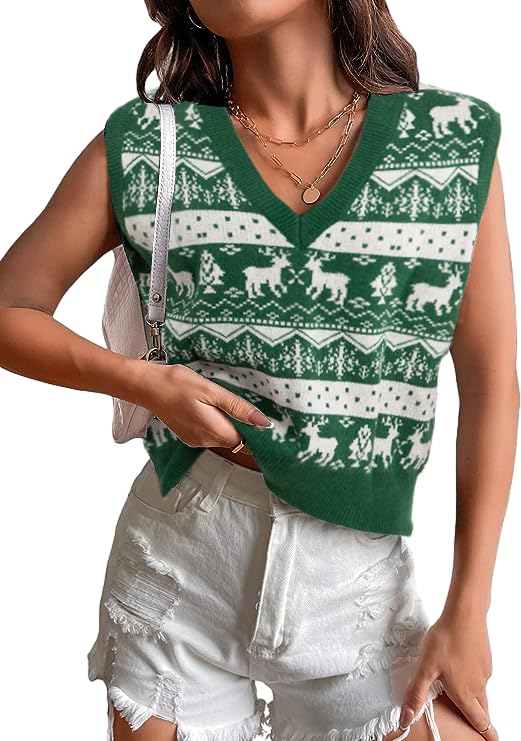 Image of JULYCLO Christmas Sweater Vest Women Ugly Xmas Reindeer Knit Sweaters Casual Santa Snowflake V Neck Sleeveless Outwear Tops