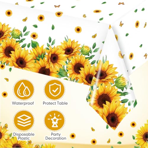Image of Ganeen 3 Pcs Sunflower Tablecloths Disposable Plastic Yellow Floral Party Table Cloth Waterproof Rectangle Table Cover for Indoor Outdoor Birthday Baby Shower Sunflower Party Decoration, 54 x 108 Inch