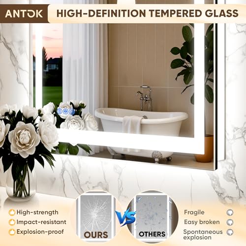 Antok 24"x 36" LED Bathroom Mirror with Lights, Anti-Fog, Dimmable, Lighted Vanity Mirror with Tempered Glass, Memory Function, 3 Light Modes, Safe Use, Horizontal, Vertical, Wall Mount - Image 6